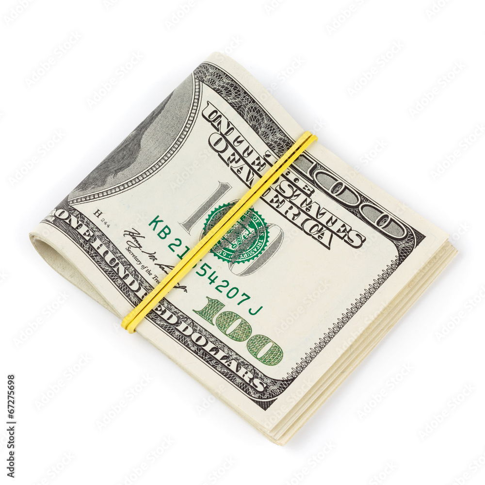 Hundred dollar bills folded and tied with rubber band Hundred dollar bills folded and tied with rubber band