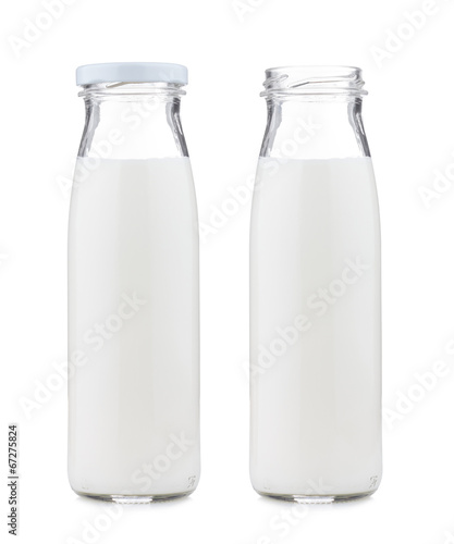 Glass milk bottle closed and open, isolated on white background