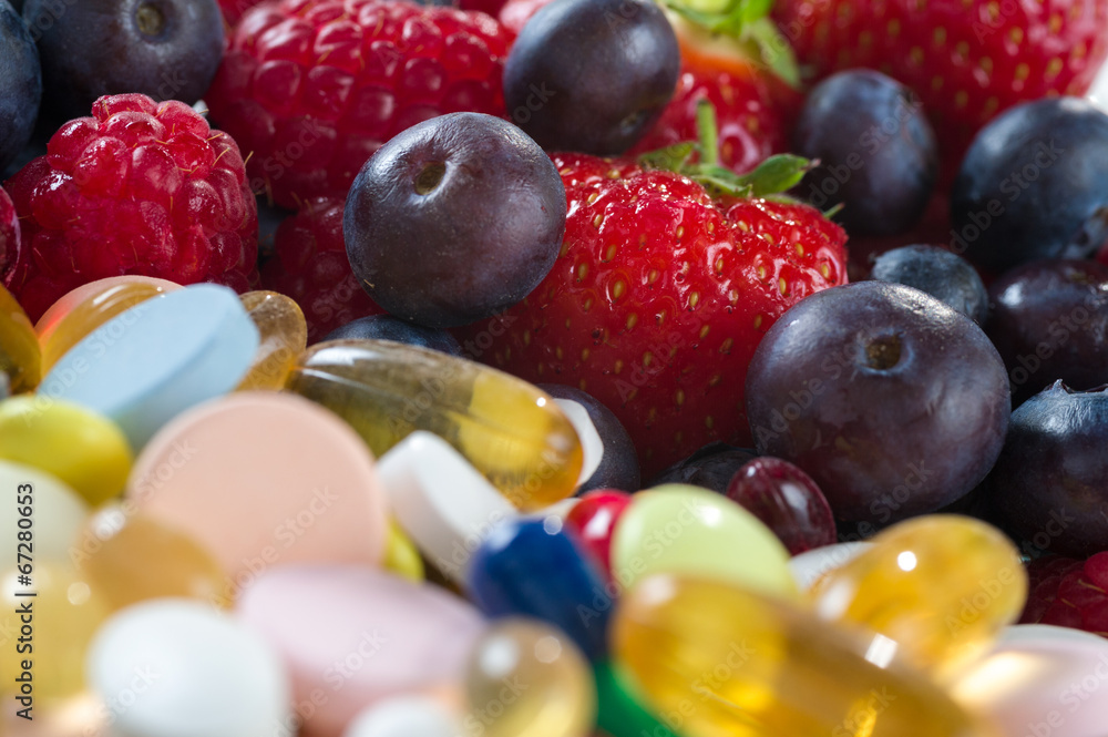 Healthy lifestyle, Fruit and pills, vitamin supplements Healthy lifestyle, Fruit and pills, vitamin supplements