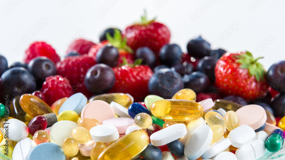 Healthy lifestyle, Fruit and pills, vitamin supplements