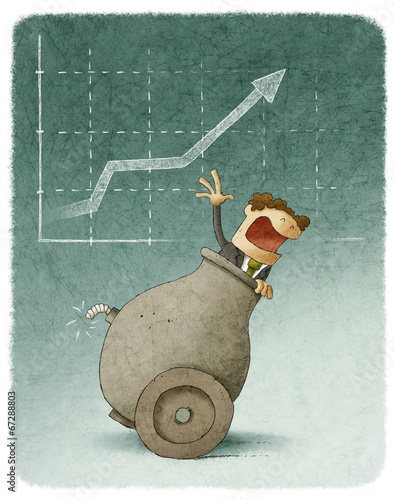 Businessman inside a cannon with a finance graph on background