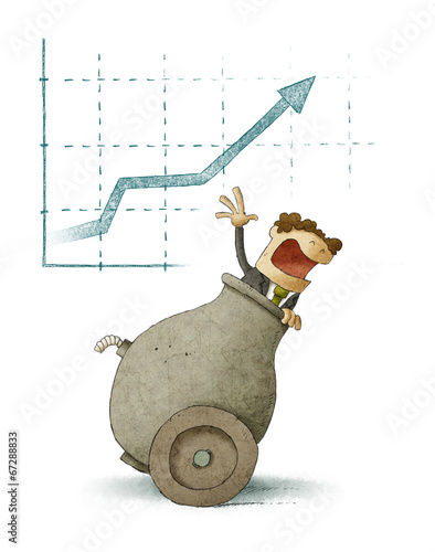 Businessman inside a cannon with a finance graph