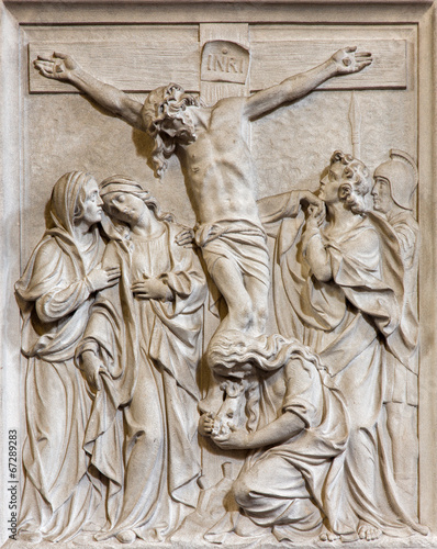 Brussels - Stone relief the Crucifixion of Jesus scene