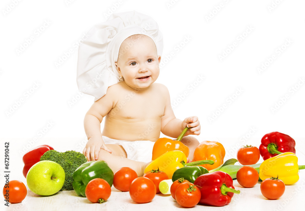 Baby food. Child in cook hat sitting inside vegetable over white Baby food. Child in cook hat sitting inside vegetable over white