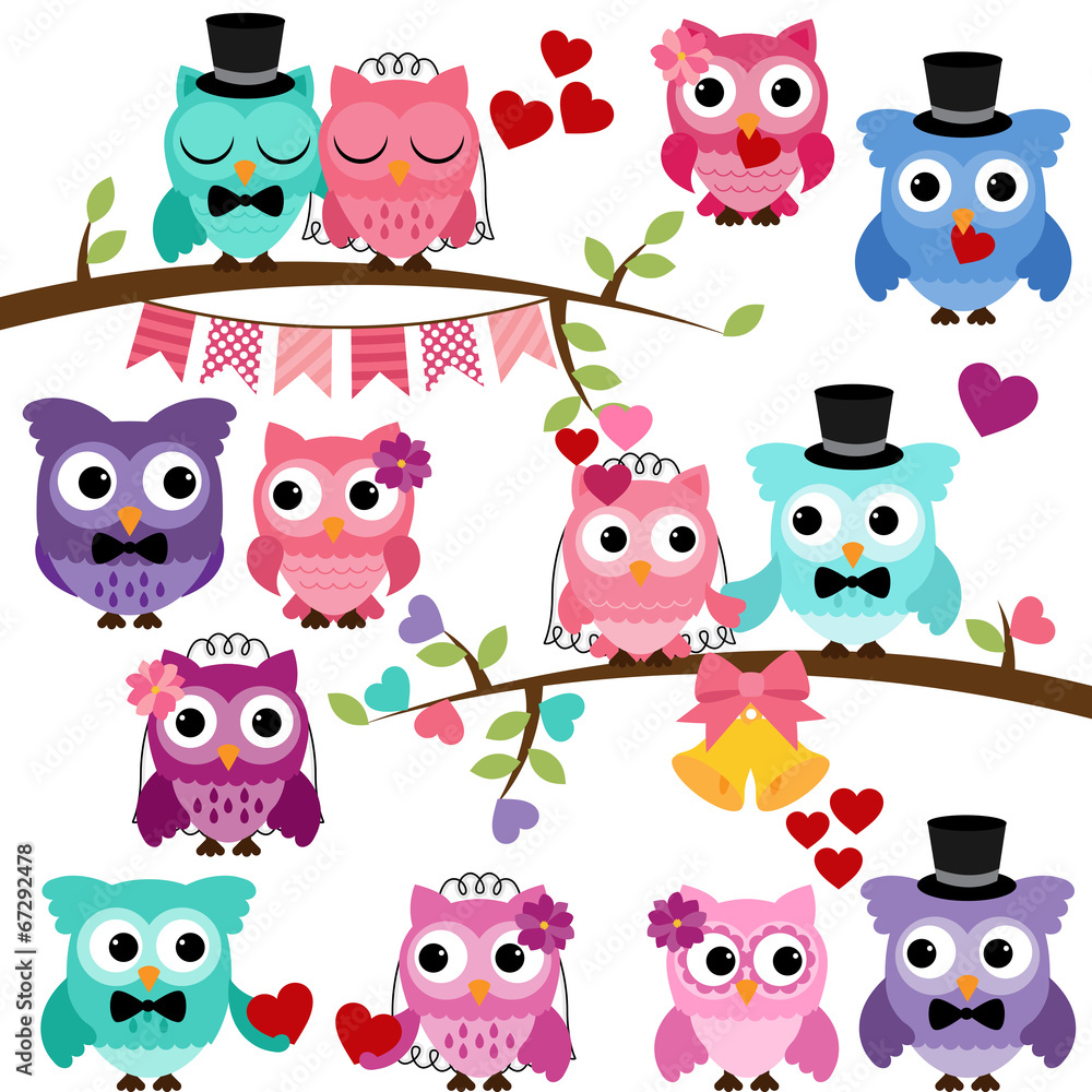 Vector Collection of Valentine's Day or Love Themed Owls  - obrazy, fototapety, plakaty 