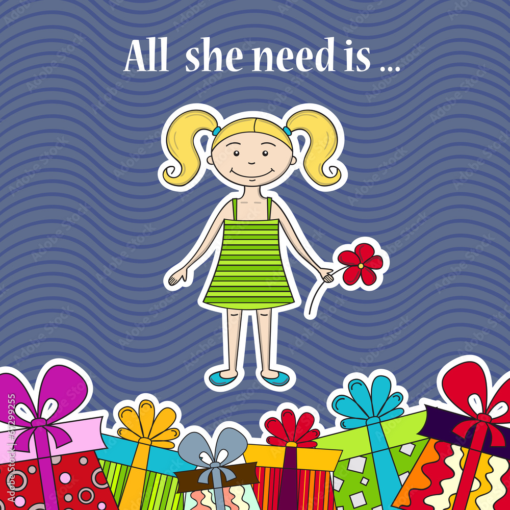 Hand drawn illustration with girl and presents Hand drawn illustration with girl and presents