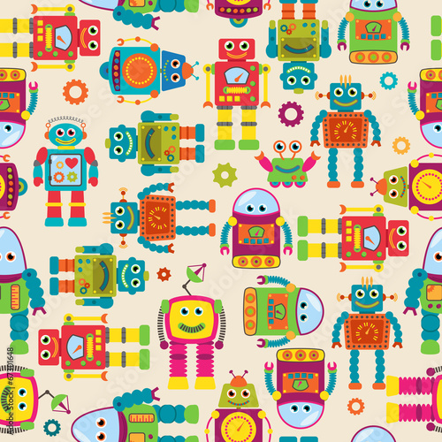 Seamless Tileable Vector Background Pattern with Cute Robots