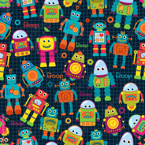 Seamless Tileable Vector Background Pattern with Cute Robots
