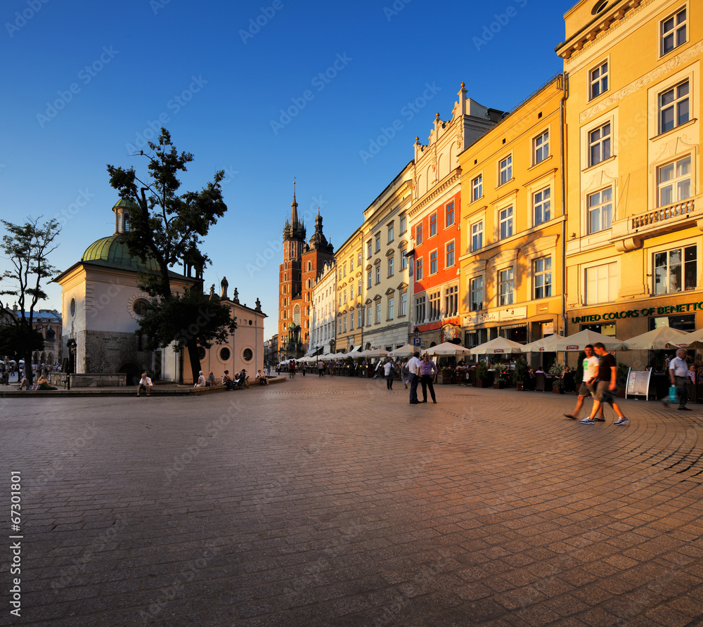 An evening view of the Market Square in Krakow, Poland