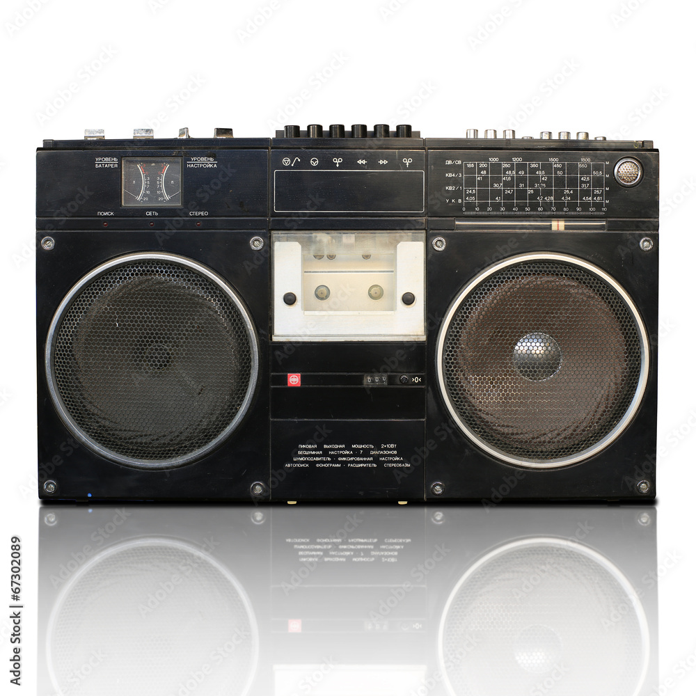 Retro recorder, audio system, collage of music, background Retro recorder, audio system, collage of music, background