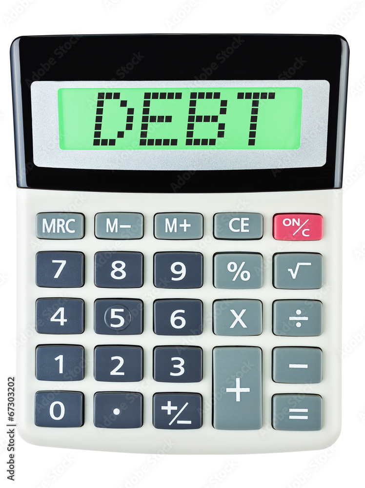 Calculator with Debt on display isolated on white background Calculator with Debt on display isolated on white background