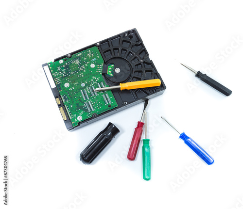 set of screwdriver with broken hard drive for repair