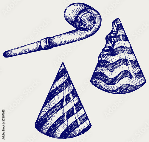 Party hat and noisemaker. Doodle style