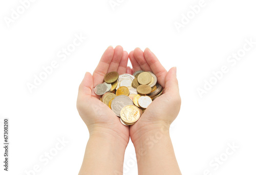 isolated of woman's hands holding coins