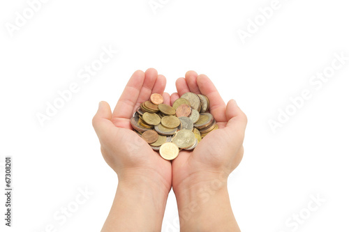 isolated of man's hands holding coins
