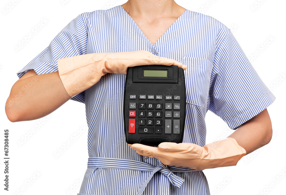 photograph of a bust cleaning lady holding a calculator photograph of a bust cleaning lady holding a calculator