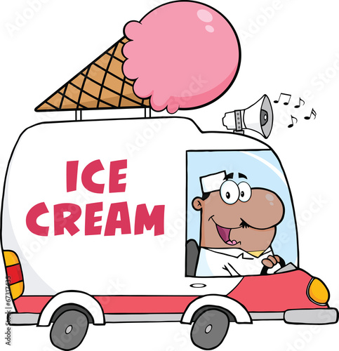 African American Ice Cream Man Driving Truck