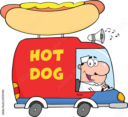 Happy Hot Dog Vendor Driving Truck