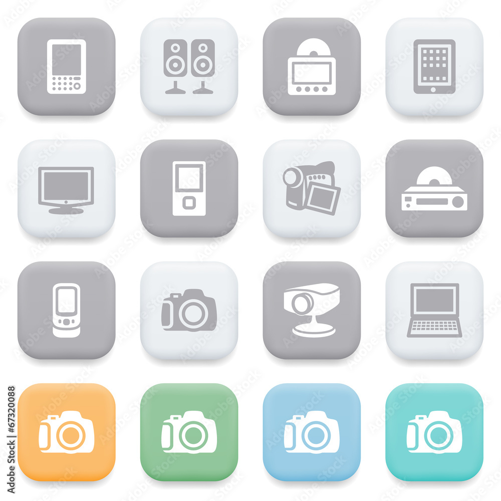 Electronics icons on color buttons. Electronics icons on color buttons.