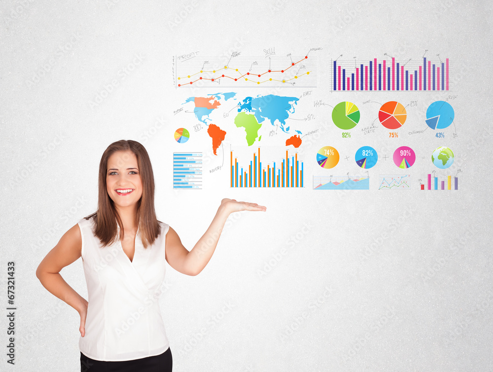 Business woman with colorful graphs and charts Business woman with colorful graphs and charts