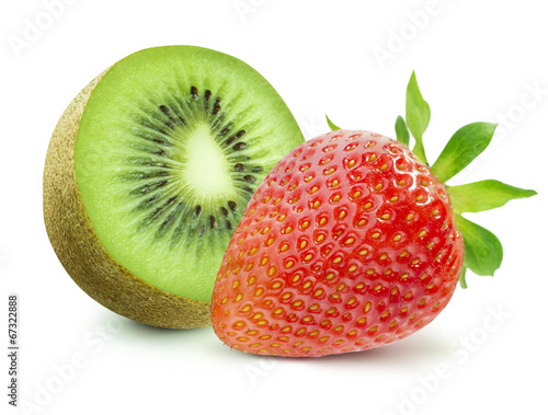 Half of kiwi and strawberry isolated on white background