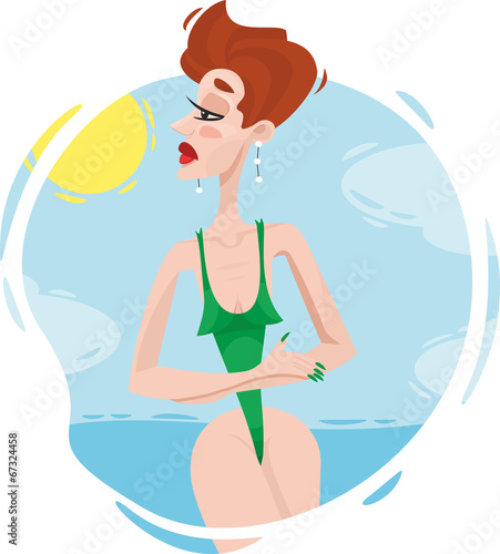 girl in a green bikini on sea background