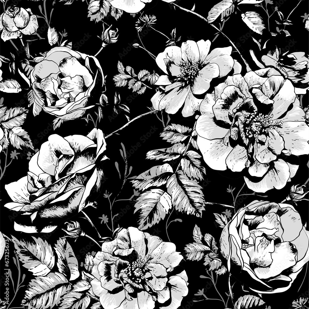 Fototapeta Czarno-biały kwiatowy bezszwowe tło