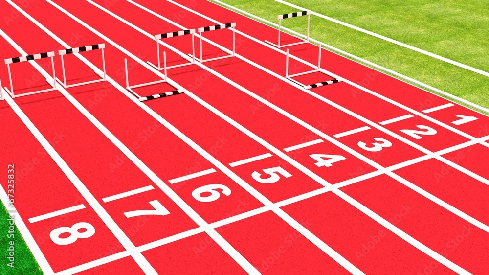 Row of hurdles on running track closeup