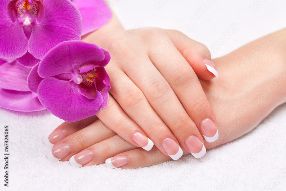 Fototapeta premium Beautiful woman's hand with perfect french manicure 
