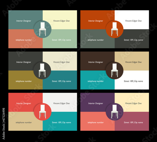 Flat business card design. Various color concept. Vector.