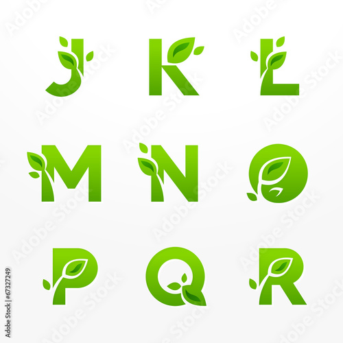 Set of green eco letters with leaves, font from J to R.
