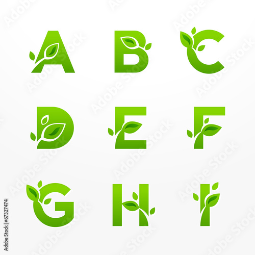 Set of green eco letters with leaves, font from A to I.