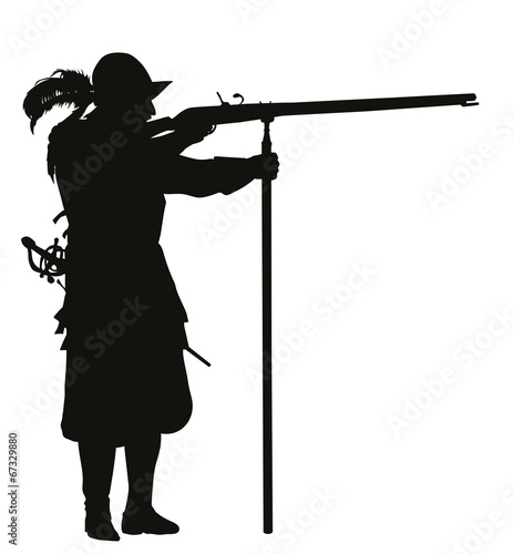 Conquistador with musket aiming. Vector silhouette. EPS 8