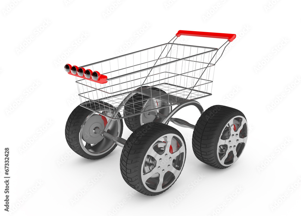 3d shopping cart with big car wheel isolated on white 3d shopping cart with big car wheel isolated on white