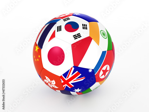 3d rendering of a soccer ball with flags of the Asian countries photo