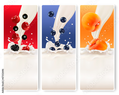 Three fruit and milk banners. Vector.