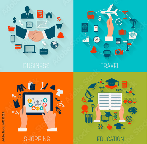 Set of flat design backgrounds for education, business, travel