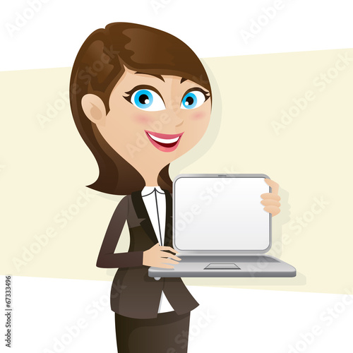 cartoon smart girl showing laptop blank screen