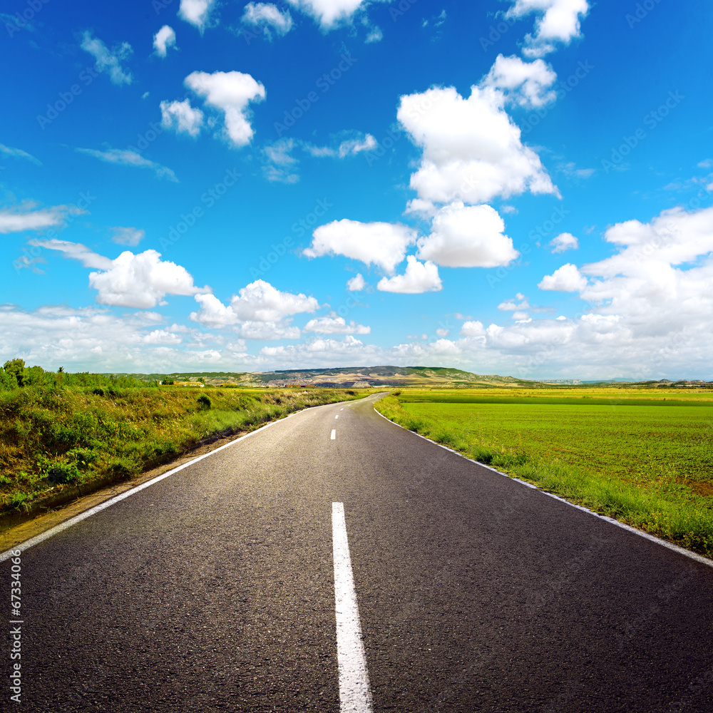 Asphalt road through agricultural fields over sky background Asphalt road through agricultural fields over sky background