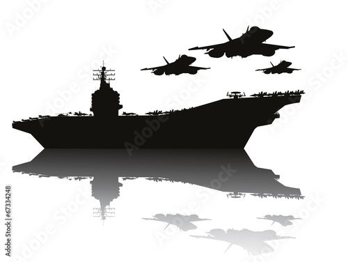 Leinwand Poster Aircraft carrier and flying aircrafts vector silhouettes.EPS10