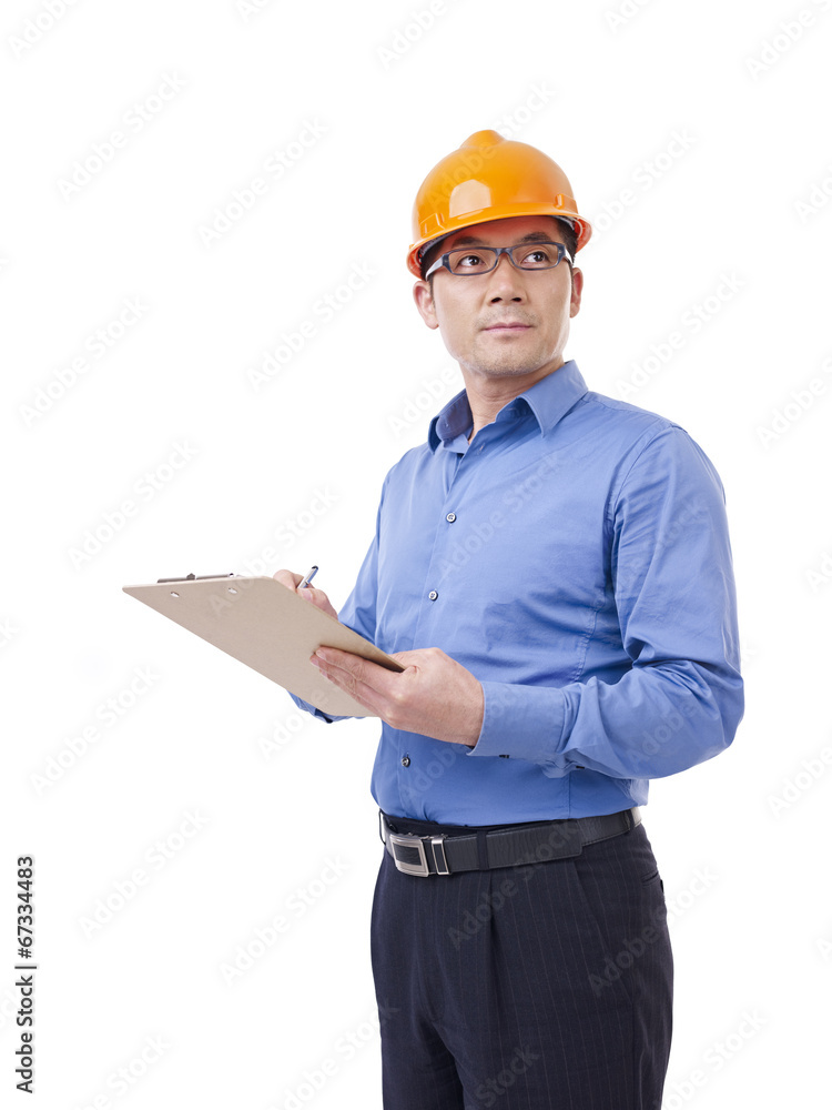 asian man with orange safety hat, isolated on white asian man with orange safety hat, isolated on white