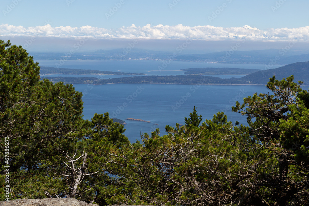High view point of the San Juan Islands during summertime