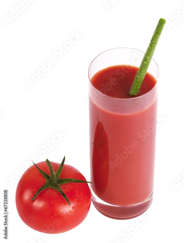 Glass of tomato juice with tomato isolated on white