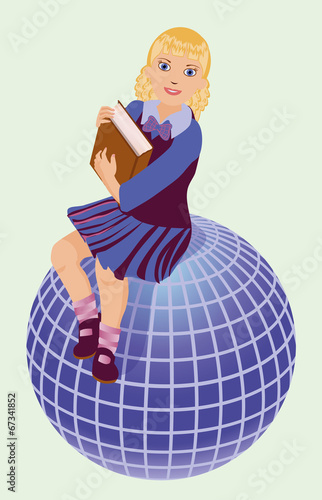 Back to School.  Little  schoolgirl with book and globe