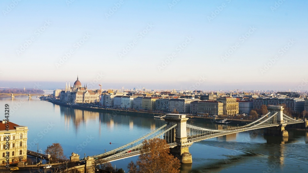 Parliament and the Chain Bridge in Budapest, Hungary