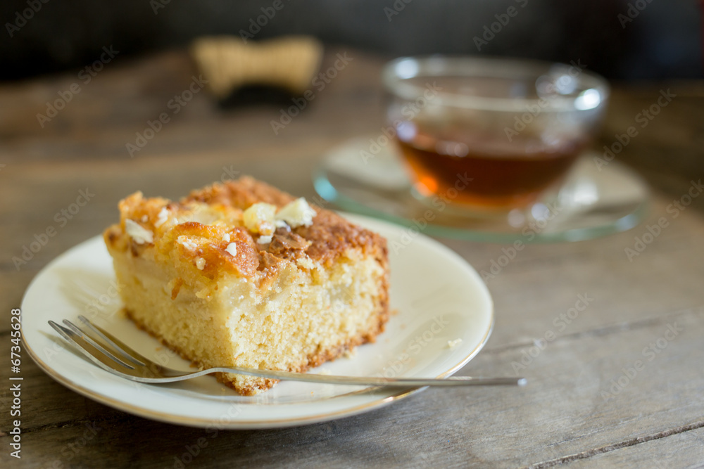 Cup of tea with pear-white-chocolate-cake Cup of tea with pear-white-chocolate-cake