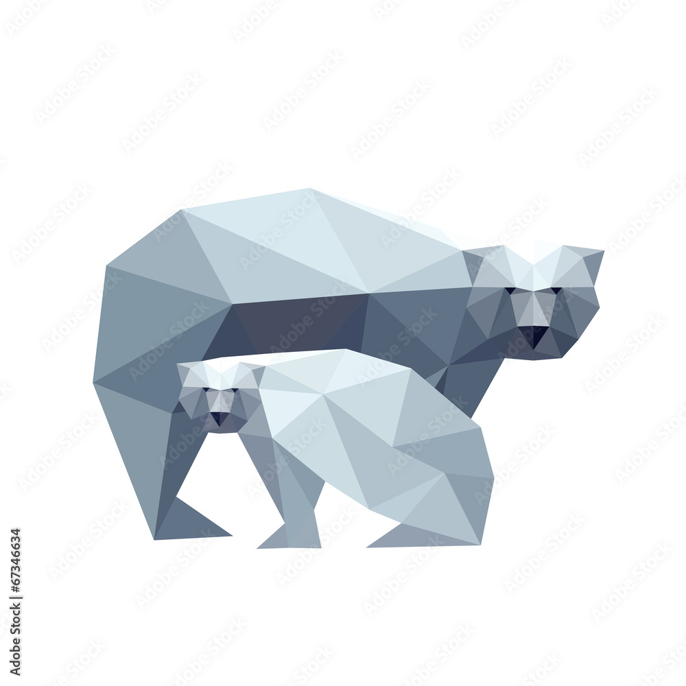 Obraz premium Illustration of polygonal bear with cub isolated on white backgr