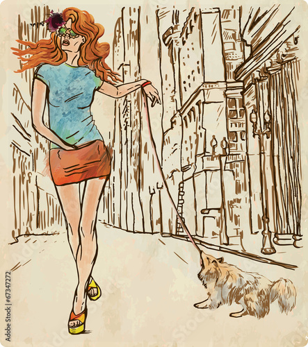 An woman through the street. Hand drawn vector.