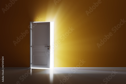 Fototapeta Rays of light through the open white door on orange wall