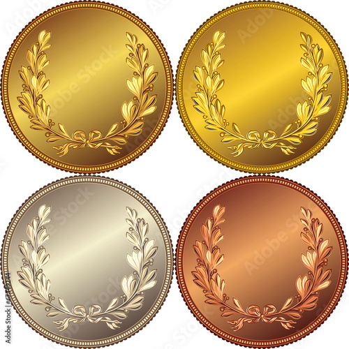 set of the gold, silver and bronze coins with the image of a lau